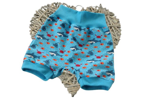 Babyhose kurze Pumphose Handmade Design Pirato fish, Bündchen blau